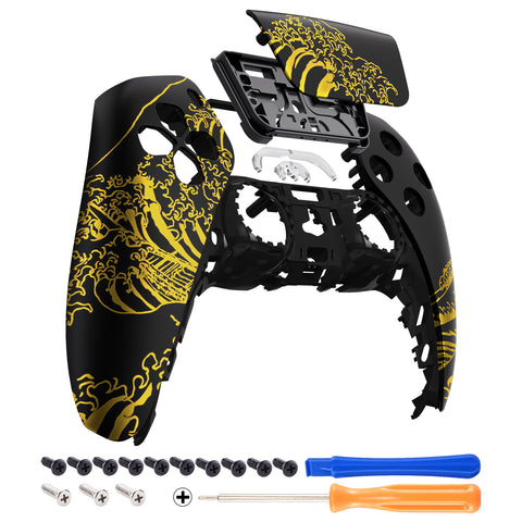 eXtremeRate The Great GOLDEN Wave Off Kanagawa - Black Front Housing Shell Compatible with ps5 Controller BDM-010/020/030/040, DIY Replacement Shell Custom Touch Pad Cover Compatible with ps5 Controller - ZPFT1094G3