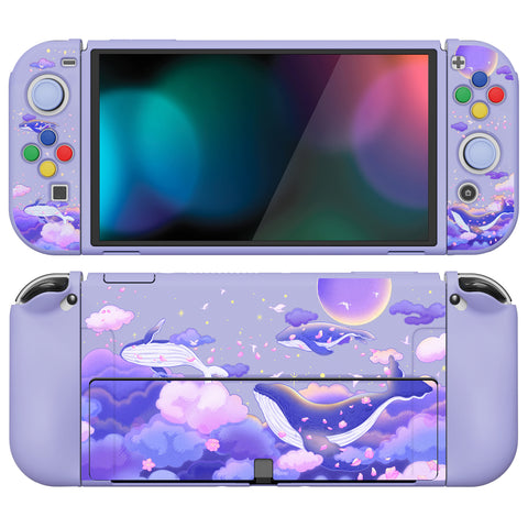 PlayVital ZealProtect Soft Protective Case for Switch OLED, Flexible Protector Joycon Grip Cover for Switch OLED with Thumb Grip Caps & ABXY Direction Button Caps - Whale in Dream - XSOYV6025