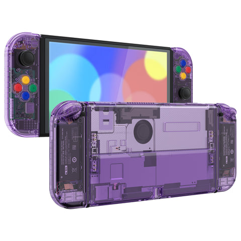 eXtremeRate Crystal Clear Atomic Purple Full Set Shell for Nintendo Switch OLED, Replacement Console Back Plate & Kickstand, NS Joycon Handheld Controller Housing & Buttons for Nintendo Switch OLED - AQUSOP010