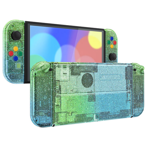 eXtremeRate Glitter Gradient Translucent Green Blue Full Set Shell for Nintendo Switch OLED, Replacement Console Back Plate & Kickstand, NS Joycon Handheld Controller Housing & Buttons for Nintendo Switch OLED - AQUSOP006