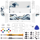 eXtremeRate The Great Wave Off Kanagawa Full Set Shell for Nintendo Switch OLED, Replacement Console Back Plate & Kickstand, NS Joycon Handheld Controller Housing with Full Set Buttons for Nintendo Switch OLED - QNSOT006
