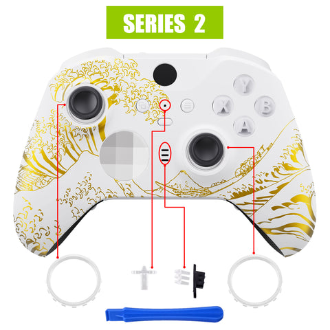 eXtremeRate The Great GOLDEN Wave Off Kanagawa - White Replacement Front Housing Shell Case with Thumbstick Accent Rings for Xbox One Elite Series 2 Controller Model 1797 - ELT155