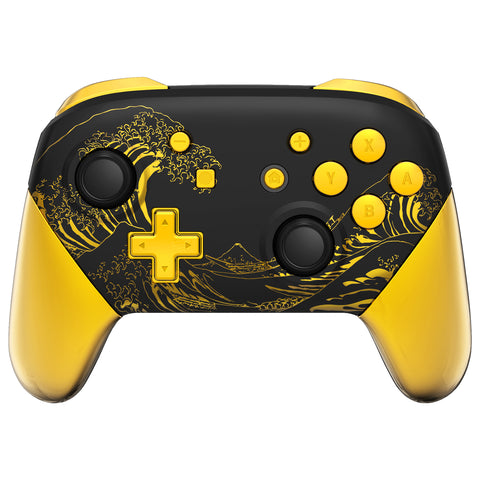 eXtremeRate The Great GOLDEN Wave Off Kanagawa - Black Faceplate Backplate Handles for NS Switch Pro Controller - FRT109