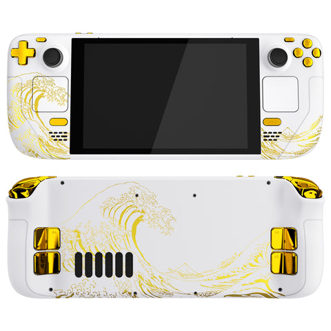 eXtremeRate Replacement The Great GOLDEN Wave Off Kanagawa - White Full Set Shell with Buttons for Steam Deck LCD - QESDT002