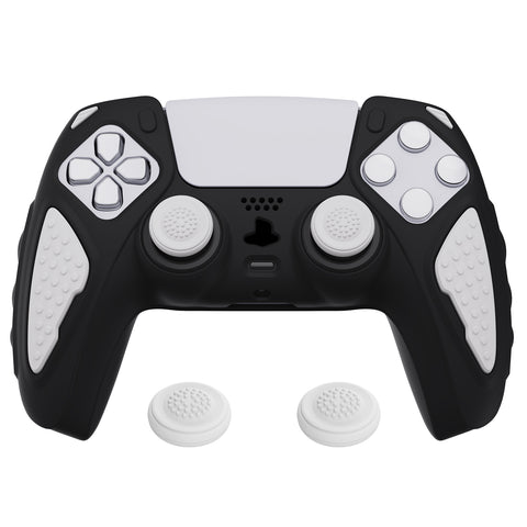 PlayVital Knight Edition Black & White Two Tone Anti-Slip Silicone Cover Skin for Playstation 5 Controller, Soft Rubber Case for PS5 Controller with Thumb Grip Caps - QSPF002