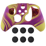 PlayVital Two Tone Purple & Yellow Camouflage Anti-Slip Silicone Cover Skin for Xbox Series X Controller, Soft Rubber Case Protector for Xbox Series S Controller with Black Thumb Grip Caps - BLX3013