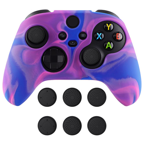 PlayVital Tri-Color Pink & Purple & Blue Camouflage Anti-Slip Silicone Cover Skin for Xbox Series X Controller, Soft Rubber Case Protector for Xbox Series S Controller with Black Thumb Grip Caps - BLX3015