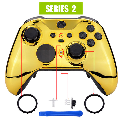 eXtremeRate Chrome Gold Edition Glossy Faceplate Cover, Front Housing Shell Case Replacement Kit for Xbox One Elite Series 2 Controller Model 1797 and Core Model 1797 - Thumbstick Accent Rings Included - ELD401