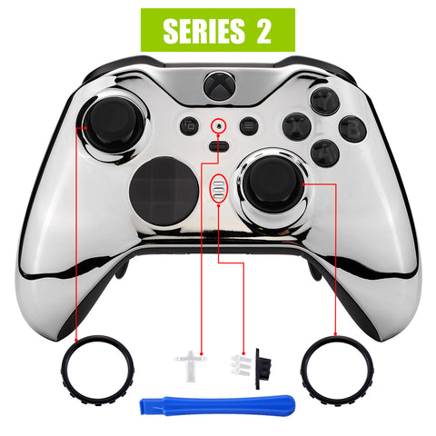 eXtremeRate Chrome Silver Edition Glossy Faceplate Cover, Front Housing Shell Case Replacement Kit for Xbox One Elite Series 2 Controller Model 1797 and Core Model 1797 - Thumbstick Accent Rings Included - ELD402