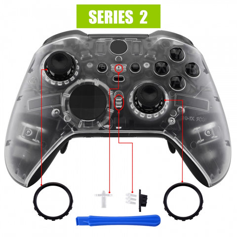 eXtremeRate Transparent Clear Faceplate Cover, Front Housing Shell Case Replacement Kit for Xbox One Elite Series 2 Controller Model 1797 - Thumbstick Accent Rings Included - ELM503