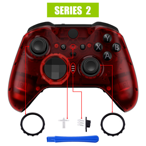 eXtremeRate Clear Red Faceplate Cover, Front Housing Shell Case Replacement Kit for Xbox One Elite Series 2 Controller Model 1797 and Core Model 1797 - Thumbstick Accent Rings Included - ELM506