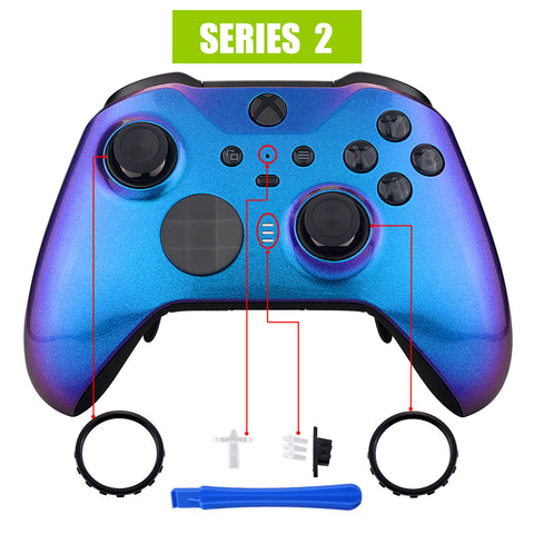 eXtremeRate Chameleon Purple Blue Faceplate Cover, Glossy Front Housing Shell Case Replacement Kit for Xbox One Elite Series 2 Controller Model 1797 and Core Model 1797 - Thumbstick Accent Rings Included - ELP301