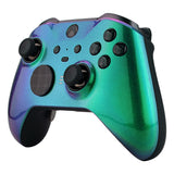 eXtremeRate Chameleon Green Purple Faceplate Cover, Glossy Front Housing Shell Case Replacement Kit for Xbox One Elite Series 2 Controller Model 1797 and Core Model 1797 - Thumbstick Accent Rings Included - ELP302