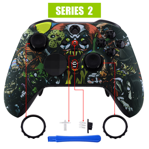 eXtremeRate Scary Party Patterned Faceplate Cover, Soft Touch Front Housing Shell Case Replacement Kit for Xbox One Elite Series 2 Controller Model 1797 and Core Model 1797 - Thumbstick Accent Rings Included - ELT104