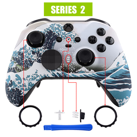 eXtremeRate The Great Wave Patterned Faceplate Cover, Soft Touch Front Housing Shell Case Replacement Kit for Xbox One Elite Series 2 Controller Model 1797 and Core Model 1797 - Thumbstick Accent Rings Included - ELT106