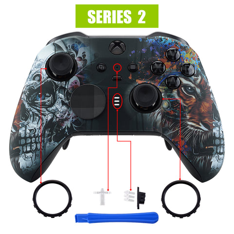 eXtremeRate Tiger Skull Patterned Faceplate Cover, Soft Touch Front Housing Shell Case Replacement Kit for Xbox One Elite Series 2 Controller Model 1797 and Core Model 1797 - Thumbstick Accent Rings Included - ELT113