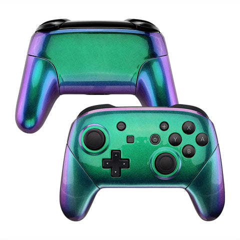 eXtremeRate Chameleon Faceplate Backplate Handles for Nintendo Switch Pro Controller, Green Purple DIY Replacement Grip Housing Shell Cover for Nintendo Switch Pro - Controller NOT Included - FRP312