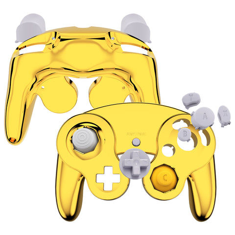 eXtremeRate Chrome Gold Glossy Faceplate Backplate for Nintendo GameCube Controller, Replacement Housing Shell Cover with Buttons for Nintendo GameCube Controller NGC - Controller NOT Included - GCND4001