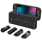 PlayVital AlterGrips Glossy Protective Slim Case for Nintendo Switch OLED, Ergonomic Grip Cover for Joycon, Dockable Hard Shell for Switch OLED w/Thumb Grip Caps & Button Caps - Graphite Carbon Fiber - JSOYS2002