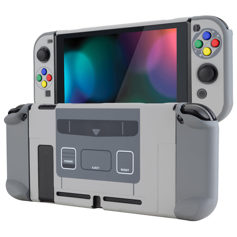 eXtremeRate PlayVital SFC SNES Classic EU Style Back Cover for NS Switch Console, NS Joycon Handheld Controller Separable Protector Hard Shell, Dockable Protective Case with Colorful ABXY Direction Button Caps - NTT105