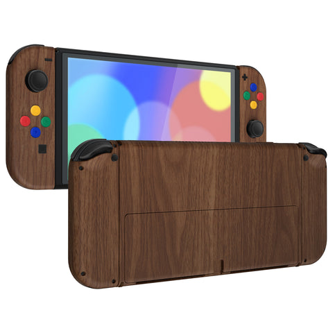 eXtremeRate Wood Grain Soft Touch Full Set Shell for Nintendo Switch OLED, Replacement Console Back Plate & Metal Kickstand, NS Joycon Handheld Controller Housing & Buttons for Nintendo Switch OLED - QNSOS2001