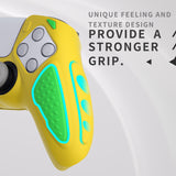 PlayVital Knight Edition Legend Yellow & Green Two Tone Anti-Slip Silicone Cover Skin for ps5 Controller, Soft Rubber Case for ps5 Wireless Controller with Thumb Grip Caps - QSPF016