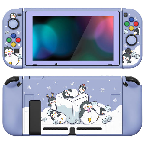 PlayVital ZealProtect Soft Protective Case for Nintendo Switch, Flexible Cover Protector for Nintendo Switch with Tempered Glass Screen Protector & Thumb Grip Caps & ABXY Direction Button Caps - ICY Cube Penguin - RNSYV6011