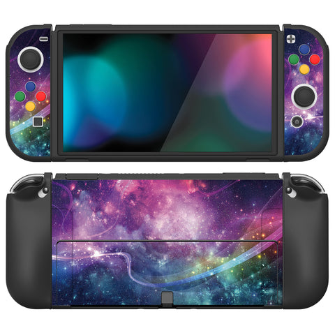 PlayVital ZealProtect Soft Protective Case for Nintendo Switch OLED, Flexible Protector Joycon Grip Cover for Nintendo Switch OLED with Thumb Grip Caps & ABXY Direction Button Caps - Purple Galaxy - XSOYV6001