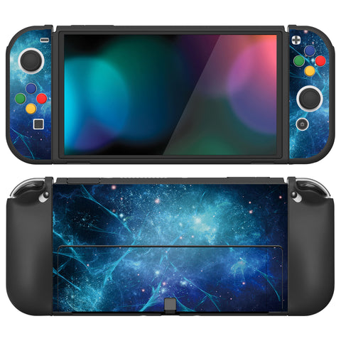 PlayVital ZealProtect Soft Protective Case for Nintendo Switch OLED, Flexible Protector Joycon Grip Cover for Nintendo Switch OLED with Thumb Grip Caps & ABXY Direction Button Caps - Blue Nebula - XSOYV6002